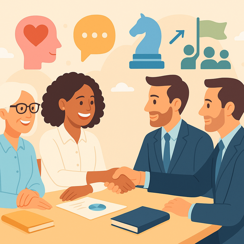 Eine Illustration mit zwei Frauen und zwei Männer bei einem Vertragsabschluss. Im Hintergrund Piktogramme für emotionale Intelligenz, Kommunikation und strategischen Denken
