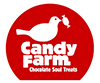 roter Kreis, mit dem Namen Candy Farm, darüber ein Vogel mit einem Bonbon im Schnabel